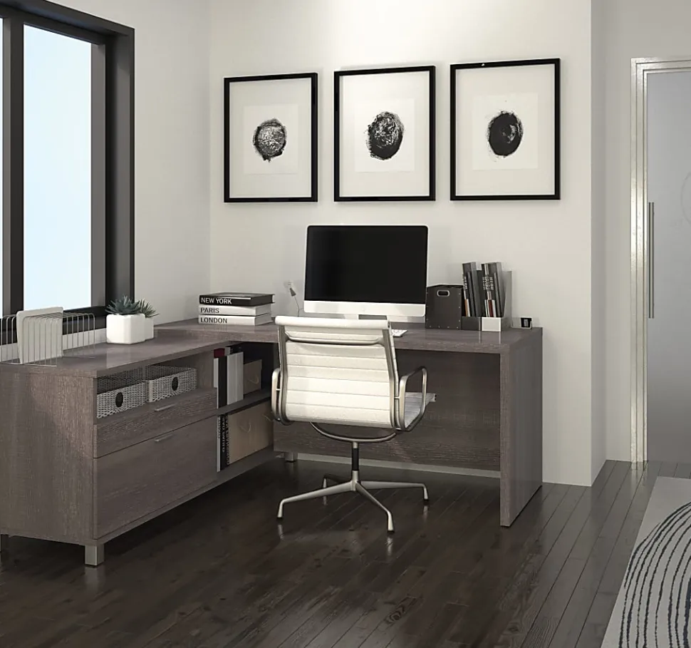 Bestar Pro-Linea 72"W L-Shaped Corner Desk, Bark Gray