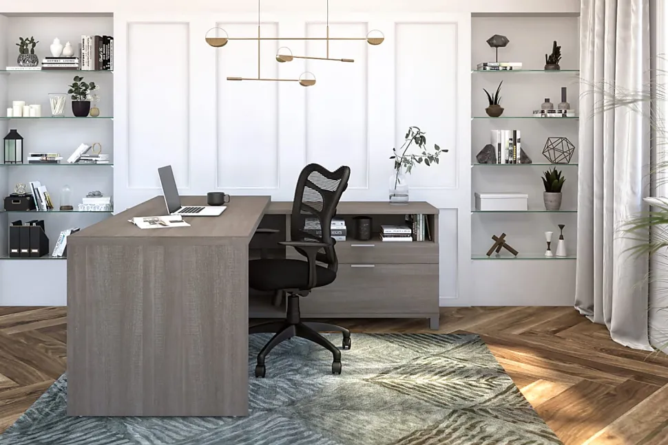 Bestar Pro-Linea 72"W L-Shaped Corner Desk, Bark Gray