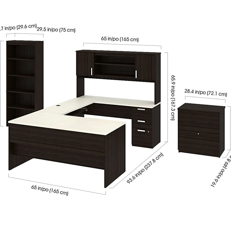 Bestar Ridgeley U-Shaped Desk With Hutch, Lateral File Cabinet And Bookcase, White Chocolate