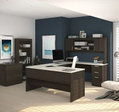 Bestar Ridgeley U-Shaped Desk With Hutch, Lateral File Cabinet And Bookcase, White Chocolate