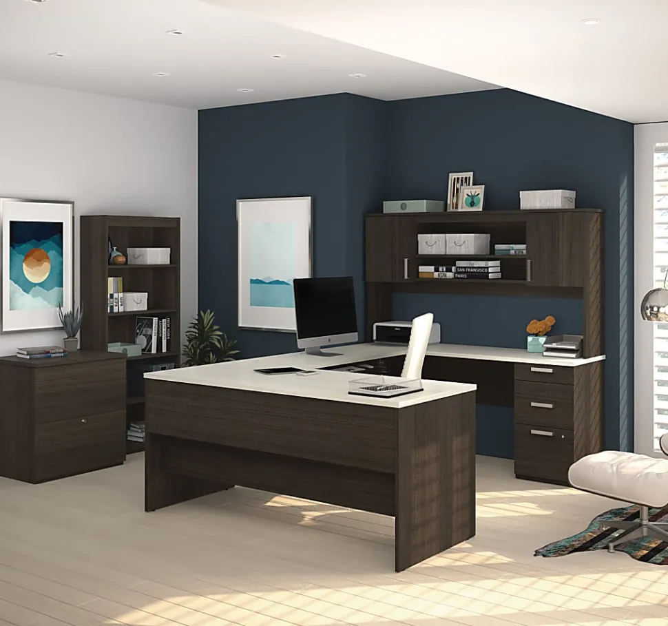 Bestar Ridgeley U-Shaped Desk With Hutch, Lateral File Cabinet And Bookcase, White Chocolate