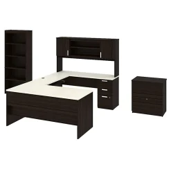 Bestar Ridgeley U-Shaped Desk With Hutch, Lateral File Cabinet And Bookcase, White Chocolate