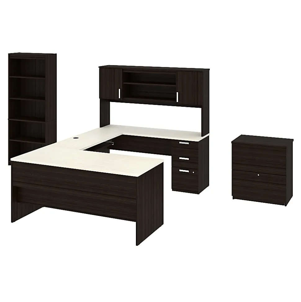 Bestar Ridgeley U-Shaped Desk With Hutch, Lateral File Cabinet And Bookcase, White Chocolate