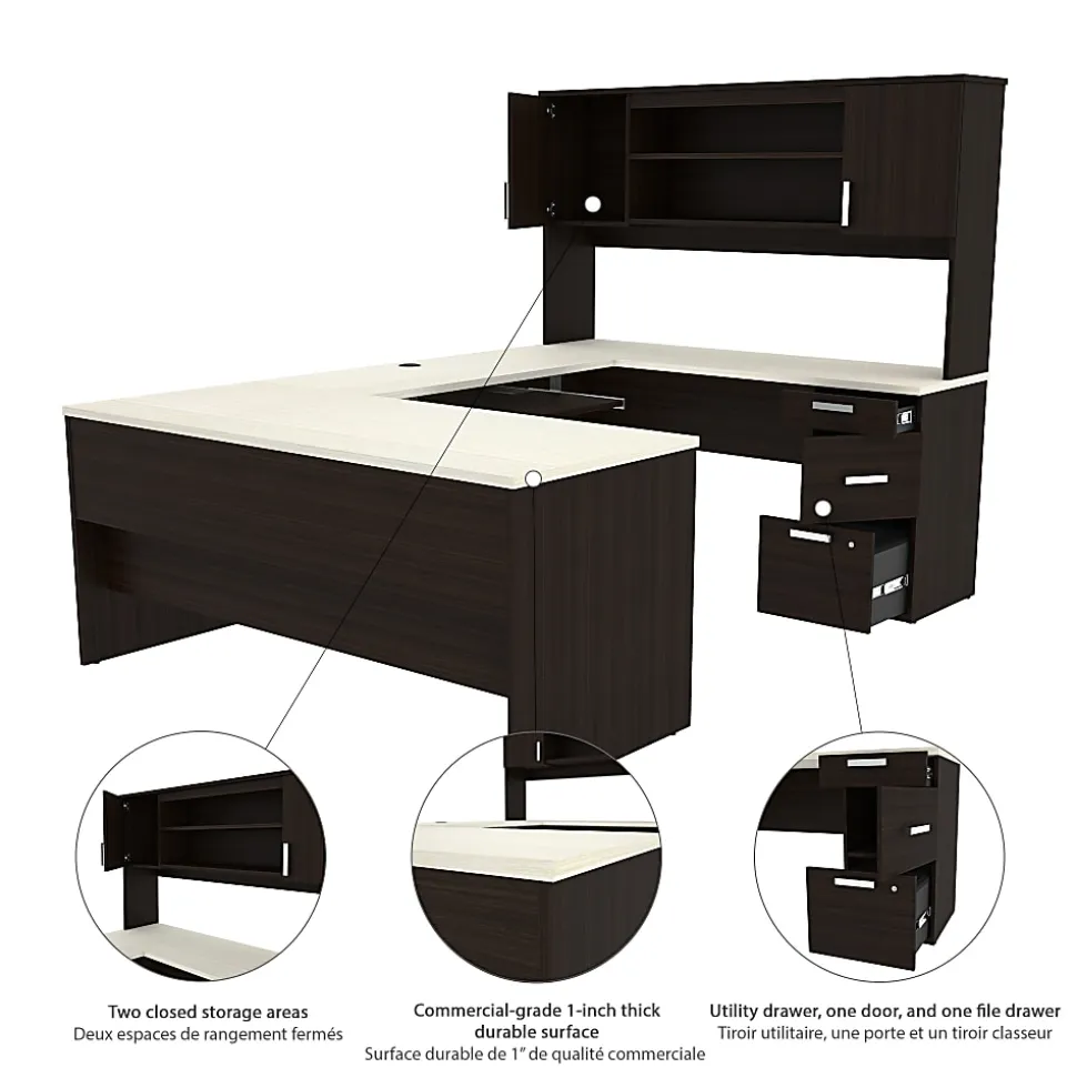 Bestar Ridgeley U-Shaped Desk With Hutch, Lateral File Cabinet And Bookcase, White Chocolate