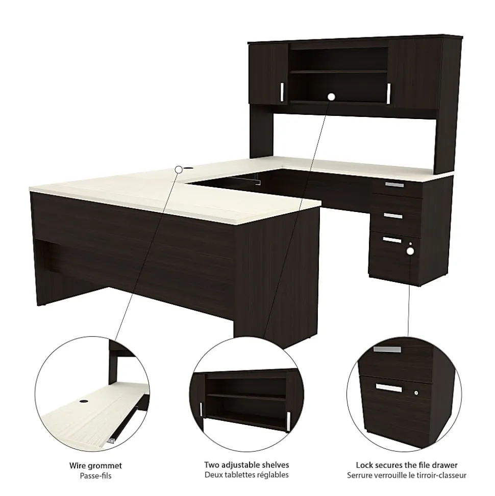 Bestar Ridgeley U-Shaped Desk With Hutch, Lateral File Cabinet And Bookcase, White Chocolate