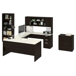 Bestar Ridgeley U-Shaped Desk With Hutch, Lateral File Cabinet And Bookcase, White Chocolate