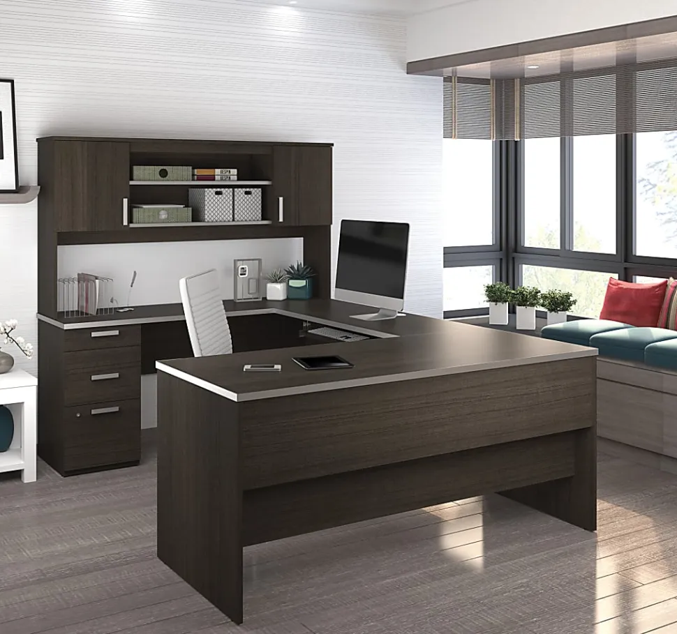 Bestar Ridgeley 65”W U-Shaped Executive Computer Desk With Pedestal And Hutch, Dark Chocolate