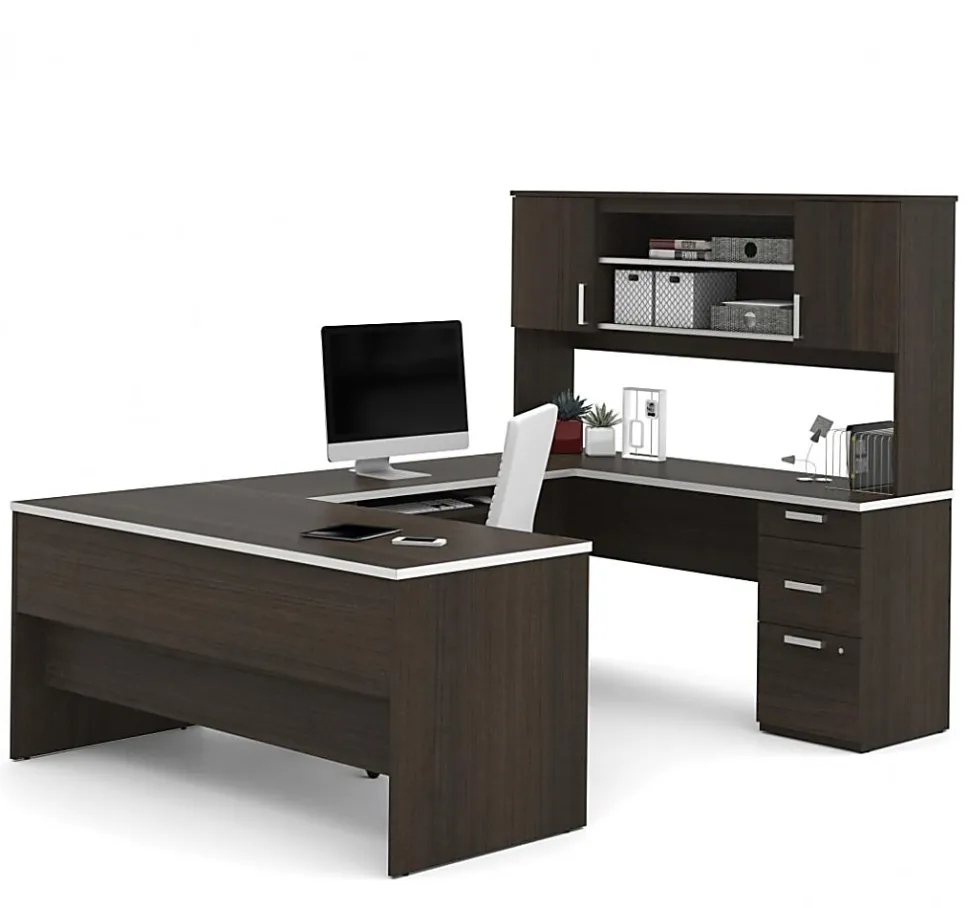 Bestar Ridgeley 65”W U-Shaped Executive Computer Desk With Pedestal And Hutch, Dark Chocolate