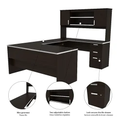 Bestar Ridgeley 65”W U-Shaped Executive Computer Desk With Pedestal And Hutch, Dark Chocolate