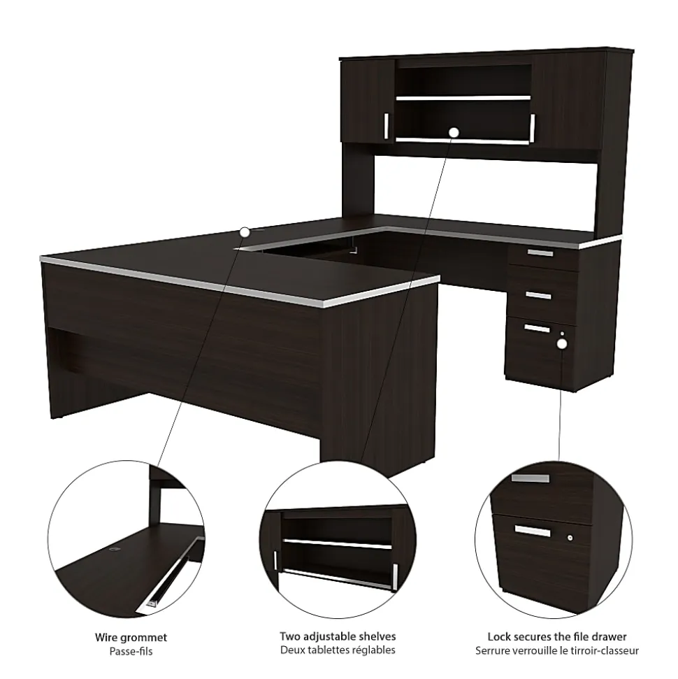 Bestar Ridgeley 65”W U-Shaped Executive Computer Desk With Pedestal And Hutch, Dark Chocolate