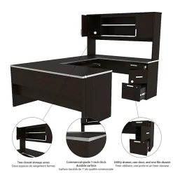 Bestar Ridgeley 65”W U-Shaped Executive Computer Desk With Pedestal And Hutch, Dark Chocolate