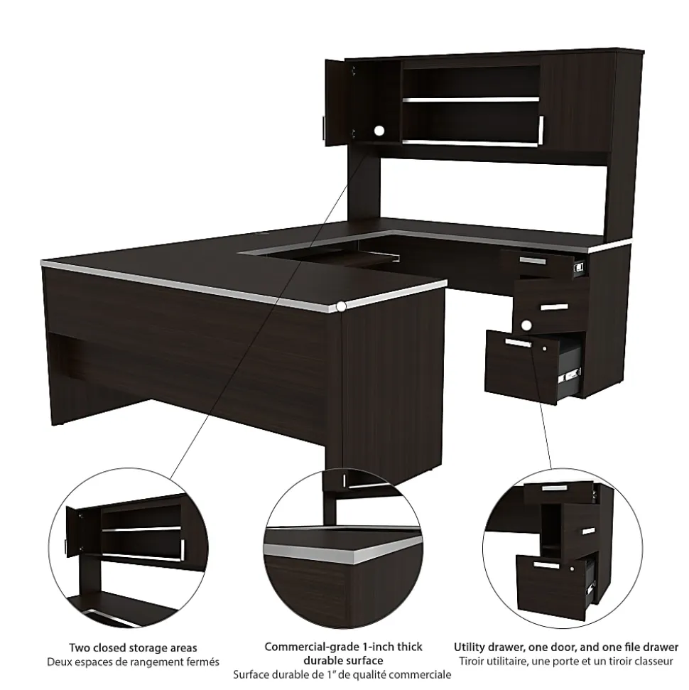 Bestar Ridgeley 65”W U-Shaped Executive Computer Desk With Pedestal And Hutch, Dark Chocolate