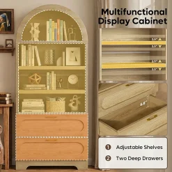 Bestier 71" Arched Wood Bookcase with 2 Storage Drawers and 3 Adjustable Shelves, Natural Oak