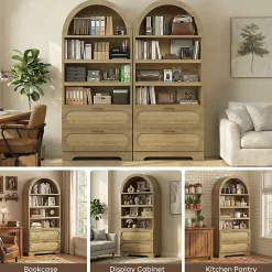 Bestier 71" Arched Wood Bookcase with 2 Storage Drawers and 3 Adjustable Shelves, Natural Oak