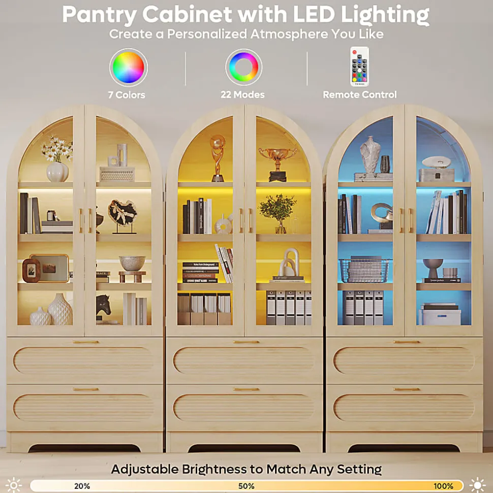 Bestier Arched Wood & Glass Storage Cabinet, LED Lighted Tall Bookshelf with 2 Drawers, Natural Oak
