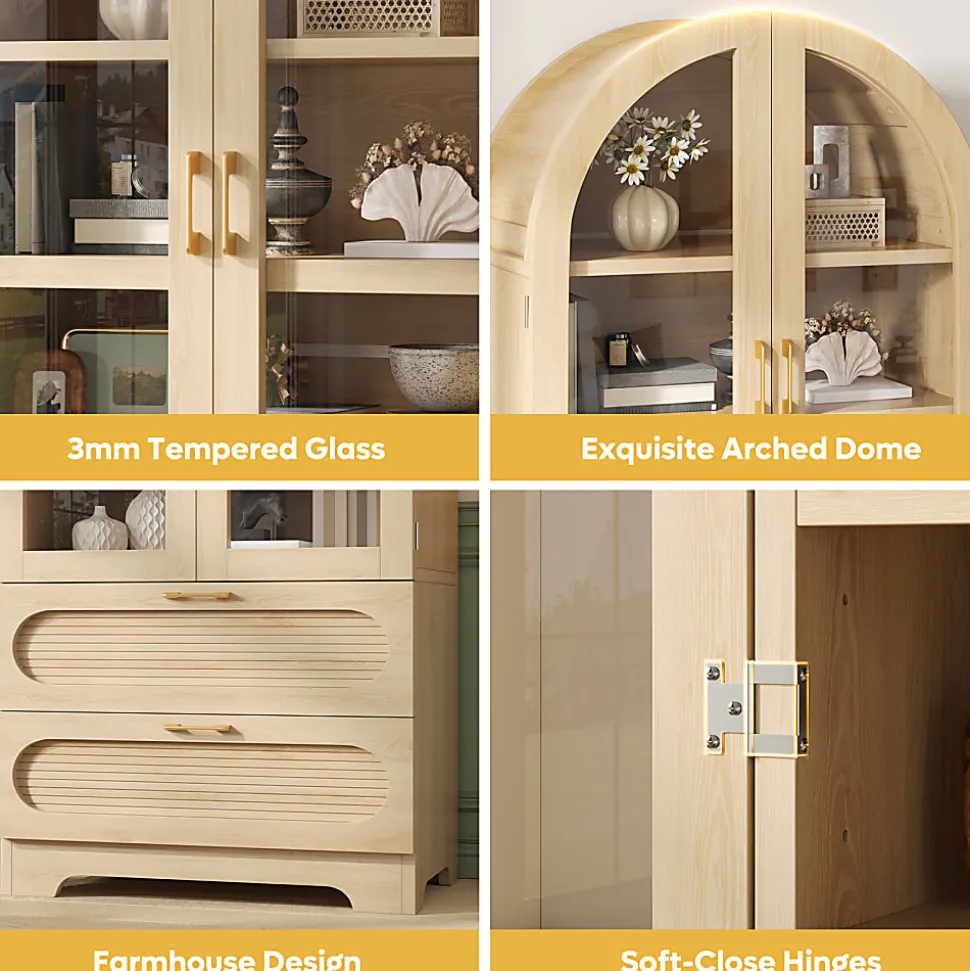 Bestier Arched Wood & Glass Storage Cabinet, LED Lighted Tall Bookshelf with 2 Drawers, Natural Oak