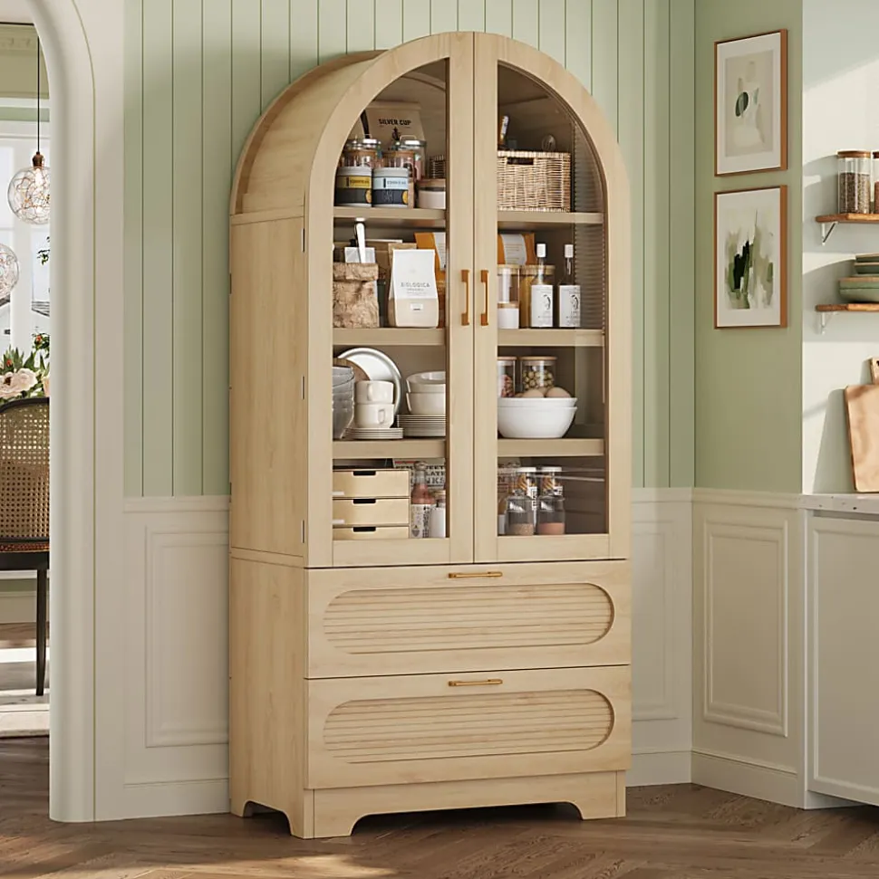 Bestier Arched Wood & Glass Storage Cabinet, LED Lighted Tall Bookshelf with 2 Drawers, Natural Oak