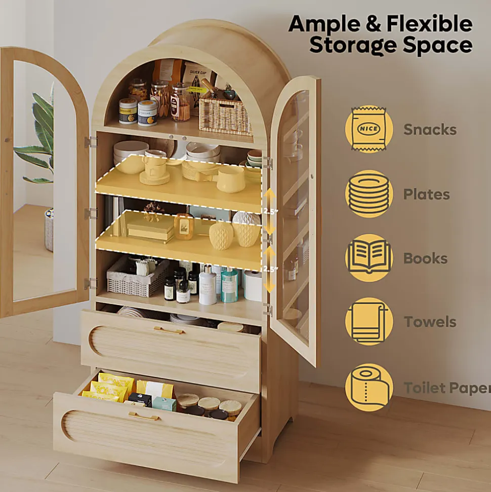 Bestier Arched Wood & Glass Storage Cabinet, LED Lighted Tall Bookshelf with 2 Drawers, Natural Oak