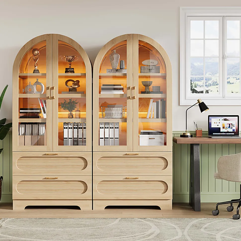 Bestier Arched Wood & Glass Storage Cabinet, LED Lighted Tall Bookshelf with 2 Drawers, Natural Oak