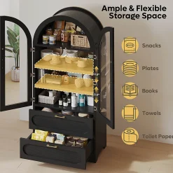 Bestier Arched Wood & Glass Storage Cabinet, LED Lighted Tall Bookshelf with 2 Drawers,Black