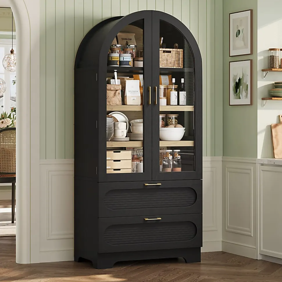 Bestier Arched Wood & Glass Storage Cabinet, LED Lighted Tall Bookshelf with 2 Drawers,Black