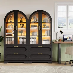 Bestier Arched Wood & Glass Storage Cabinet, LED Lighted Tall Bookshelf with 2 Drawers,Black