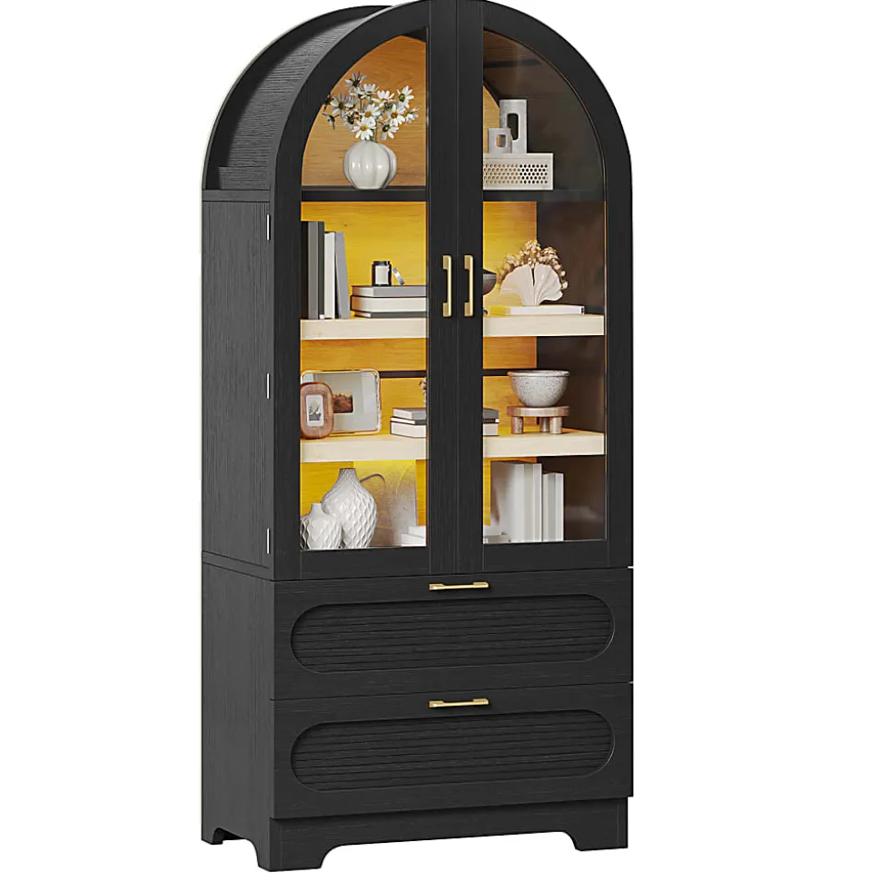 Bestier Arched Wood & Glass Storage Cabinet, LED Lighted Tall Bookshelf with 2 Drawers,Black