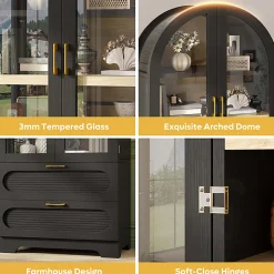 Bestier Arched Wood & Glass Storage Cabinet, LED Lighted Tall Bookshelf with 2 Drawers,Black