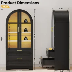 Bestier Arched Wood & Glass Storage Cabinet, LED Lighted Tall Bookshelf with 2 Drawers,Black