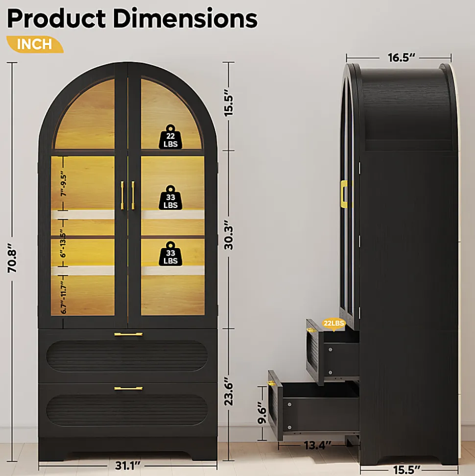 Bestier Arched Wood & Glass Storage Cabinet, LED Lighted Tall Bookshelf with 2 Drawers,Black