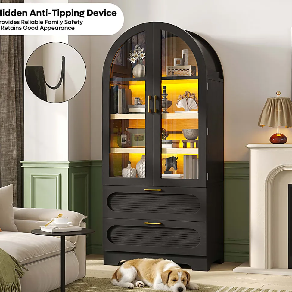 Bestier Arched Wood & Glass Storage Cabinet, LED Lighted Tall Bookshelf with 2 Drawers,Black