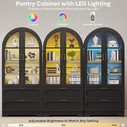 Bestier Arched Wood & Glass Storage Cabinet, LED Lighted Tall Bookshelf with 2 Drawers,Black