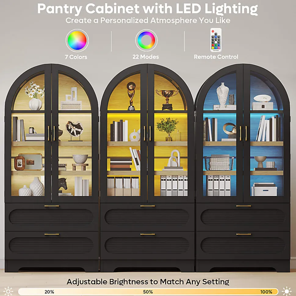 Bestier Arched Wood & Glass Storage Cabinet, LED Lighted Tall Bookshelf with 2 Drawers,Black