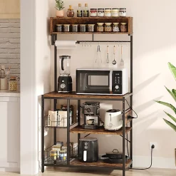 Bestier Bakers Rack With Power Outlets And Storage Shelf, 5-Tier, 65”H x 33”W x 16”D, Rustic Brown