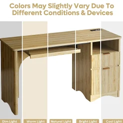 Bestier 55" Computer Desk With Power Outlets, 2 Storage Drawers And Keyboard Tray, Natural