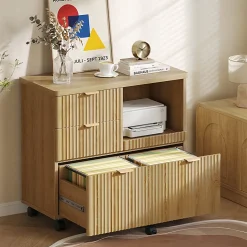 Bestier 32" 3-Drawers Fluted Wood Mobile Lateral File Cabinet with Printer Tray, Natural Oak
