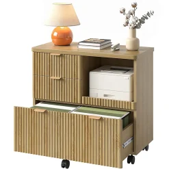 Bestier 32" 3-Drawers  Fluted Wood Mobile Lateral File Cabinet with Printer Tray, Natural Oak