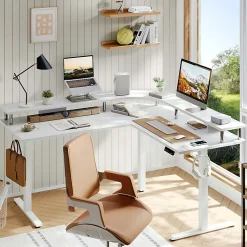 Bestier 63" Electric Adjustable-Height L-Shaped Standing Desk, White