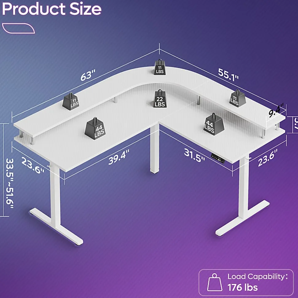 Bestier 63" Electric Adjustable-Height L-Shaped Standing Desk, White