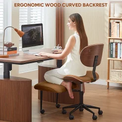Bestier Ergonomic Faux Leather Mid-Back Cross Legged Office Task Chair With Wheels, Brown
