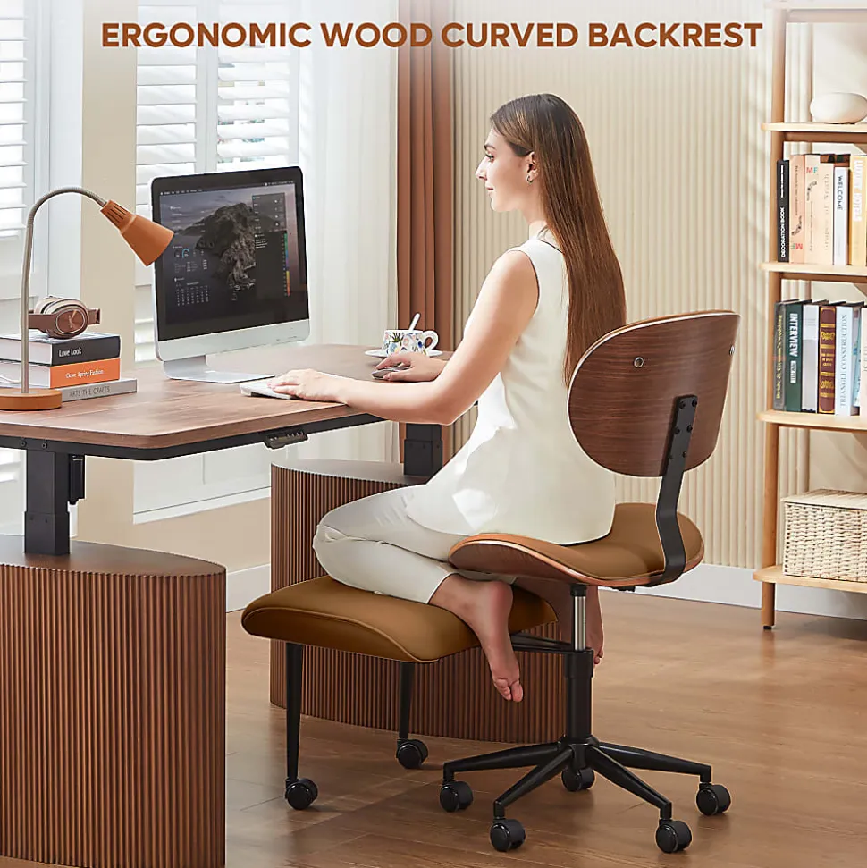 Bestier Ergonomic Faux Leather Mid-Back Cross Legged Office Task Chair With Wheels, Brown