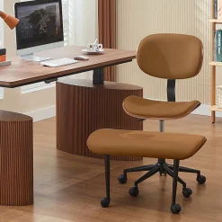 Bestier Ergonomic Faux Leather Mid-Back Cross Legged Office Task Chair With Wheels, Brown