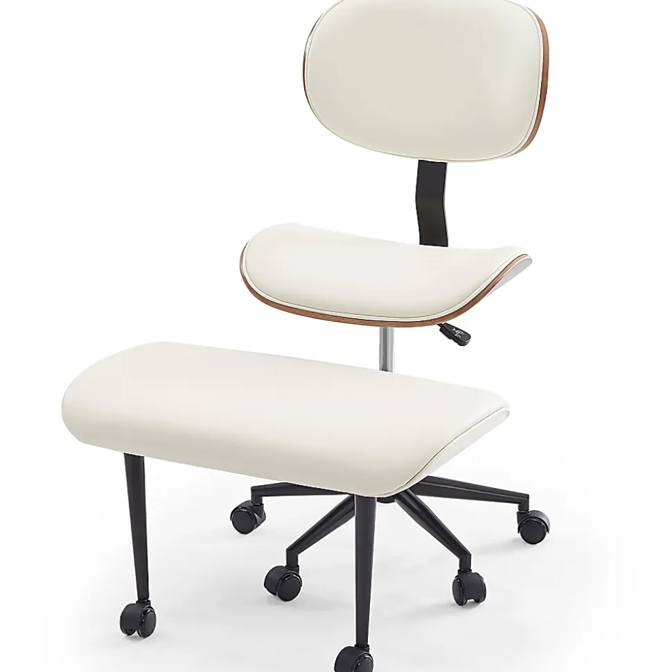 Bestier Ergonomic Faux Leather Mid-Back Cross Legged Office Task Chair With Wheels, White