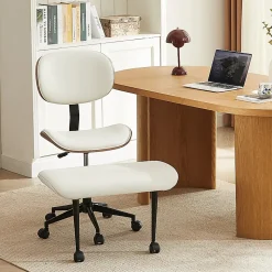 Bestier Ergonomic Faux Leather Mid-Back Cross Legged Office Task Chair With Wheels, White
