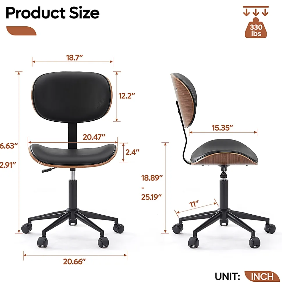 Bestier Ergonomic Faux Leather Mid-Back Armless Office Task Chair With Swivel Curved Seat, Black