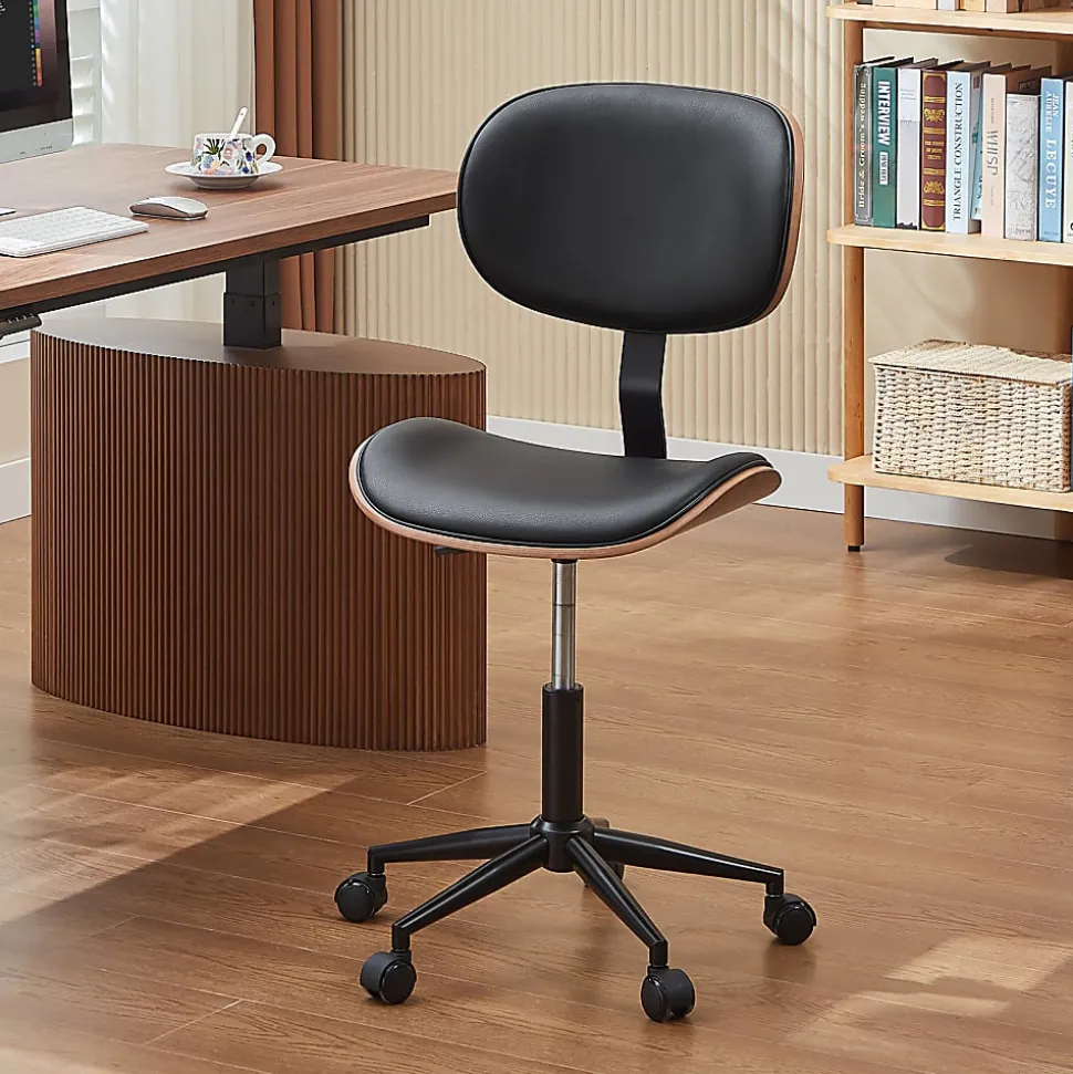 Bestier Ergonomic Faux Leather Mid-Back Armless Office Task Chair With Swivel Curved Seat, Black
