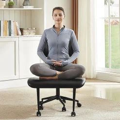 Bestier Ergonomic Faux Leather Mid-Back Cross Legged Office Task Chair With Wheels, Black
