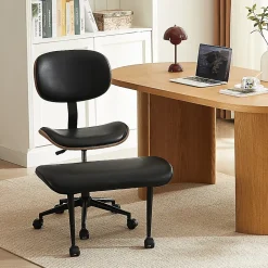 Bestier Ergonomic Faux Leather Mid-Back Cross Legged Office Task Chair With Wheels, Black