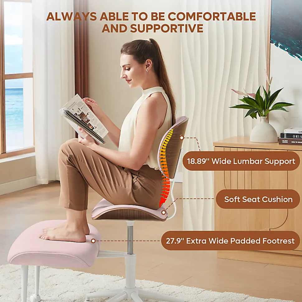 Bestier Ergonomic Faux Leather Mid-Back Cross Legged Office Task Chair With Wheels, Pink