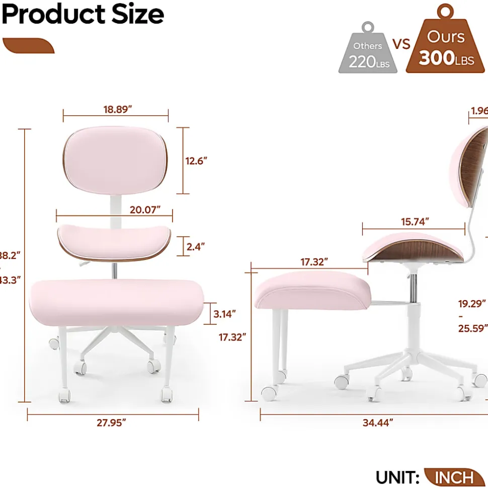 Bestier Ergonomic Faux Leather Mid-Back Cross Legged Office Task Chair With Wheels, Pink